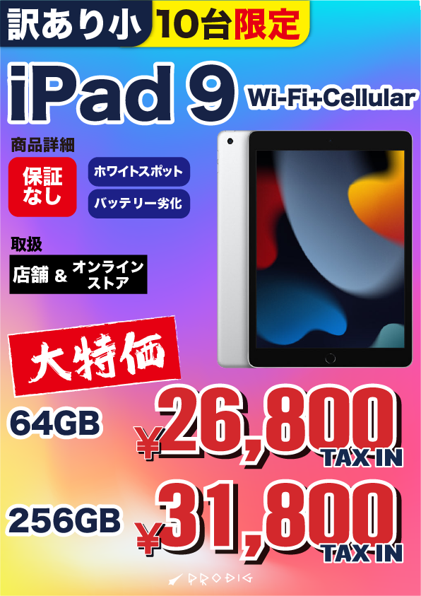 【訳あり・保証無し】iPad 9 (2021年) Wi-Fi+Cellular 64/256GB